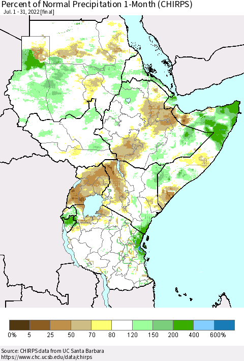 Eastern Africa Percent of Normal Precipitation 1-Month (CHIRPS) Thematic Map For 7/1/2022 - 7/31/2022