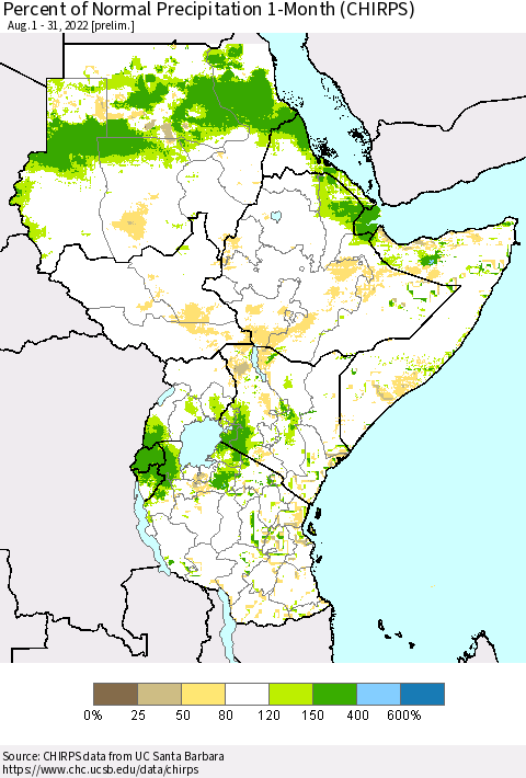 Eastern Africa Percent of Normal Precipitation 1-Month (CHIRPS) Thematic Map For 8/1/2022 - 8/31/2022