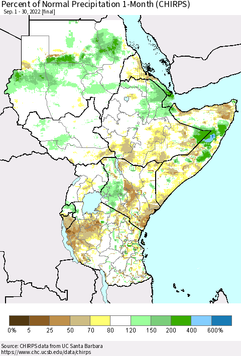 Eastern Africa Percent of Normal Precipitation 1-Month (CHIRPS) Thematic Map For 9/1/2022 - 9/30/2022