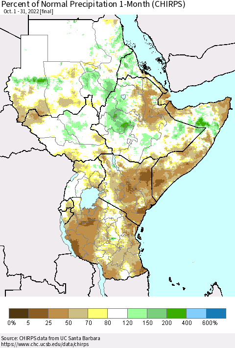Eastern Africa Percent of Normal Precipitation 1-Month (CHIRPS) Thematic Map For 10/1/2022 - 10/31/2022