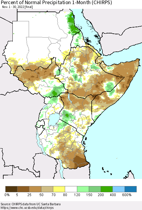Eastern Africa Percent of Normal Precipitation 1-Month (CHIRPS) Thematic Map For 11/1/2022 - 11/30/2022