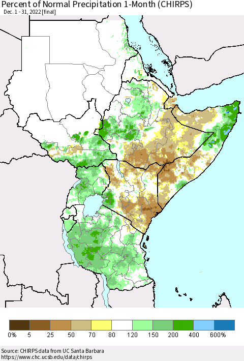 Eastern Africa Percent of Normal Precipitation 1-Month (CHIRPS) Thematic Map For 12/1/2022 - 12/31/2022