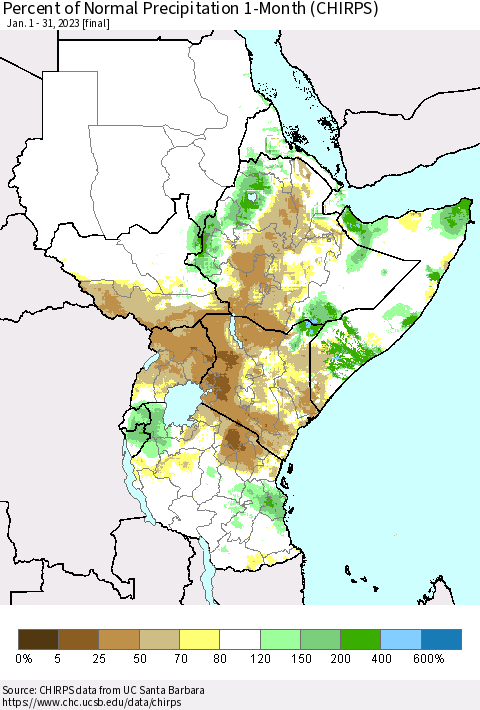 Eastern Africa Percent of Normal Precipitation 1-Month (CHIRPS) Thematic Map For 1/1/2023 - 1/31/2023