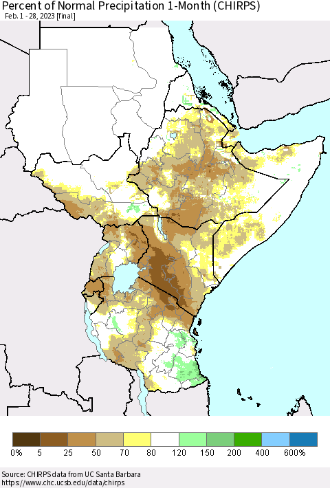 Eastern Africa Percent of Normal Precipitation 1-Month (CHIRPS) Thematic Map For 2/1/2023 - 2/28/2023