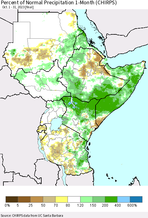 Eastern Africa Percent of Normal Precipitation 1-Month (CHIRPS) Thematic Map For 10/1/2023 - 10/31/2023