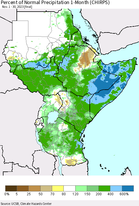 Eastern Africa Percent of Normal Precipitation 1-Month (CHIRPS) Thematic Map For 11/1/2023 - 11/30/2023