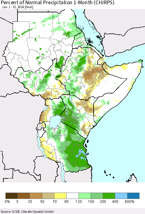 Eastern Africa Percent of Normal Precipitation 1-Month (CHIRPS) Thematic Map For 1/1/2024 - 1/31/2024