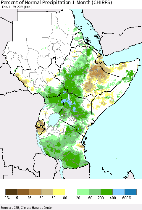 Eastern Africa Percent of Normal Precipitation 1-Month (CHIRPS) Thematic Map For 2/1/2024 - 2/29/2024