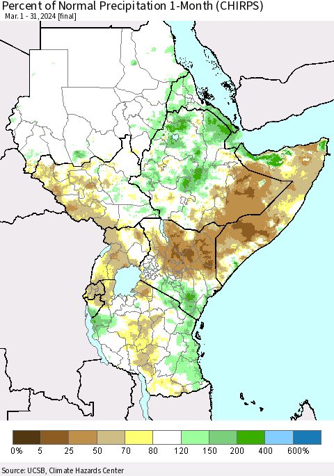 Eastern Africa Percent of Normal Precipitation 1-Month (CHIRPS) Thematic Map For 3/1/2024 - 3/31/2024