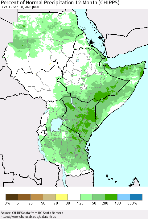 Eastern Africa Percent of Normal Precipitation 12-Month (CHIRPS) Thematic Map For 10/1/2019 - 9/30/2020