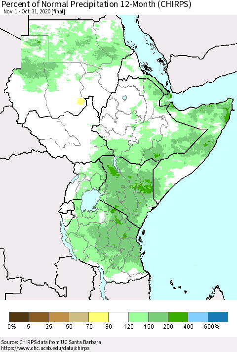 Eastern Africa Percent of Normal Precipitation 12-Month (CHIRPS) Thematic Map For 11/1/2019 - 10/31/2020