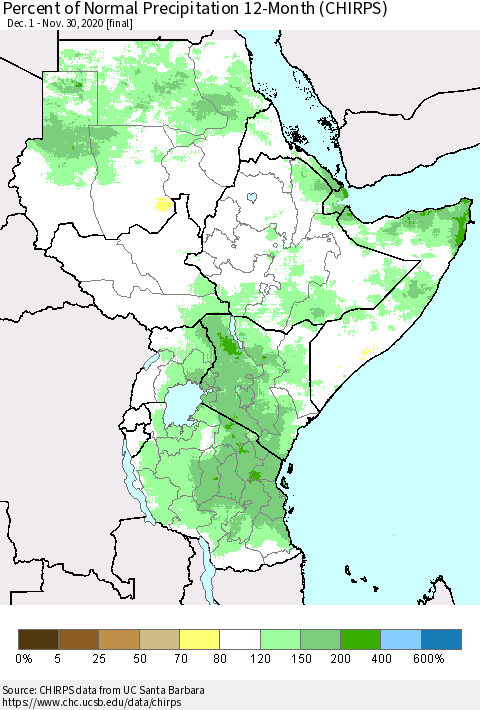 Eastern Africa Percent of Normal Precipitation 12-Month (CHIRPS) Thematic Map For 12/1/2019 - 11/30/2020