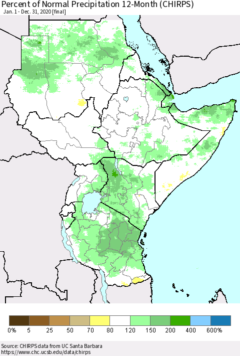 Eastern Africa Percent of Normal Precipitation 12-Month (CHIRPS) Thematic Map For 1/1/2020 - 12/31/2020