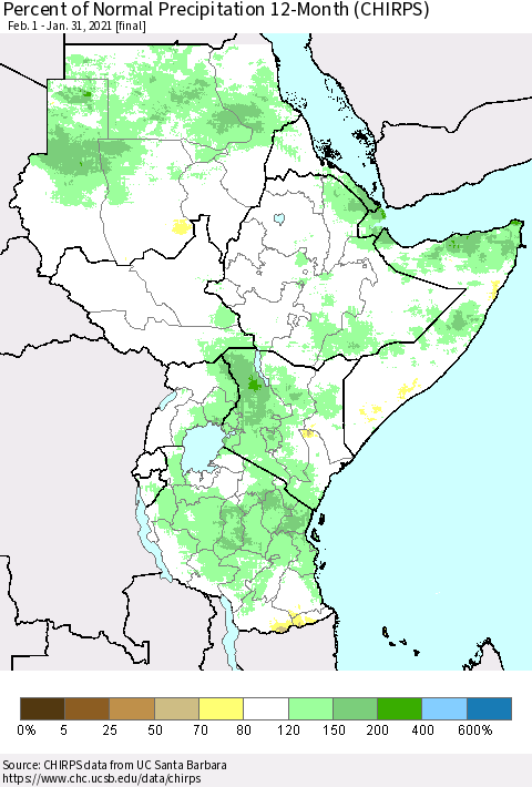 Eastern Africa Percent of Normal Precipitation 12-Month (CHIRPS) Thematic Map For 2/1/2020 - 1/31/2021