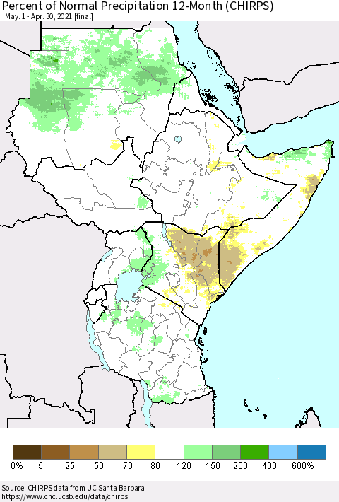 Eastern Africa Percent of Normal Precipitation 12-Month (CHIRPS) Thematic Map For 5/1/2020 - 4/30/2021