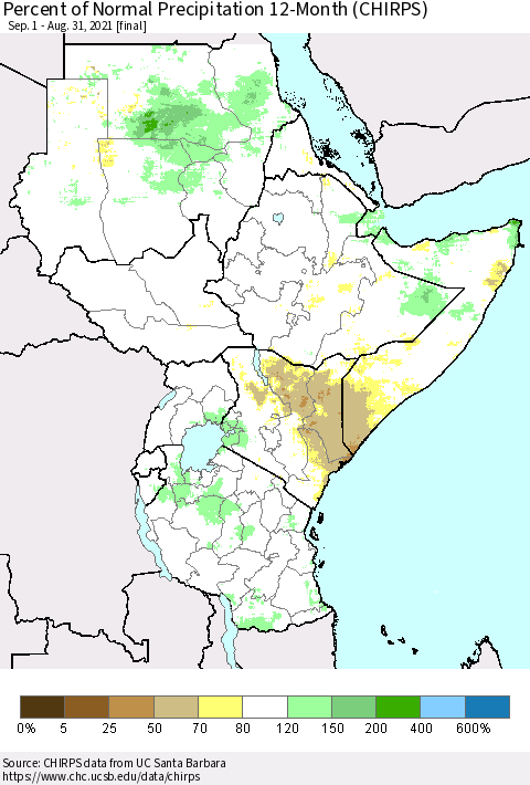 Eastern Africa Percent of Normal Precipitation 12-Month (CHIRPS) Thematic Map For 9/1/2020 - 8/31/2021