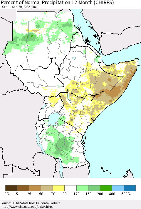 Eastern Africa Percent of Normal Precipitation 12-Month (CHIRPS) Thematic Map For 10/1/2021 - 9/30/2022