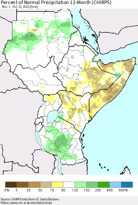 Eastern Africa Percent of Normal Precipitation 12-Month (CHIRPS) Thematic Map For 11/1/2021 - 10/31/2022