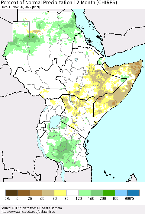 Eastern Africa Percent of Normal Precipitation 12-Month (CHIRPS) Thematic Map For 12/1/2021 - 11/30/2022