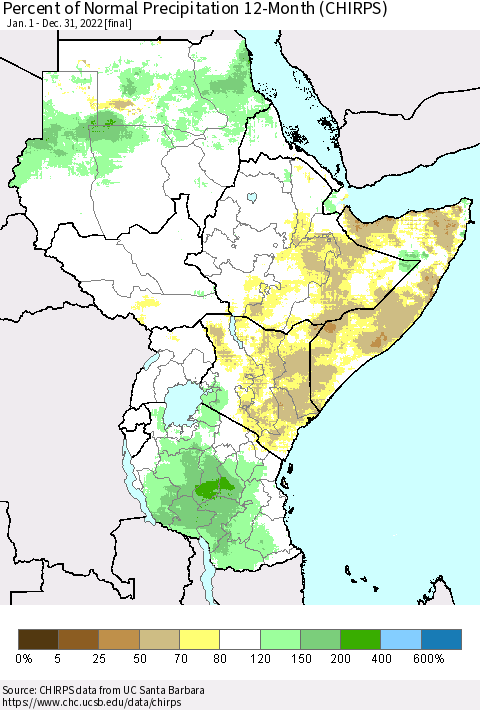 Eastern Africa Percent of Normal Precipitation 12-Month (CHIRPS) Thematic Map For 1/1/2022 - 12/31/2022