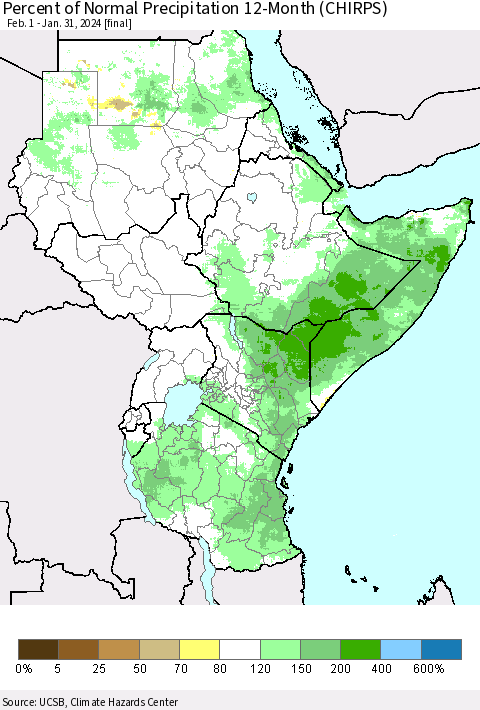 Eastern Africa Percent of Normal Precipitation 12-Month (CHIRPS) Thematic Map For 2/1/2023 - 1/31/2024