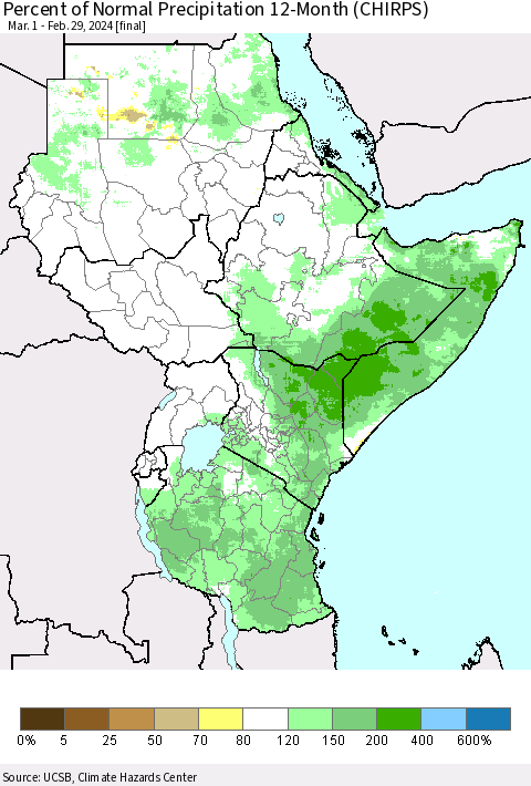 Eastern Africa Percent of Normal Precipitation 12-Month (CHIRPS) Thematic Map For 3/1/2023 - 2/29/2024