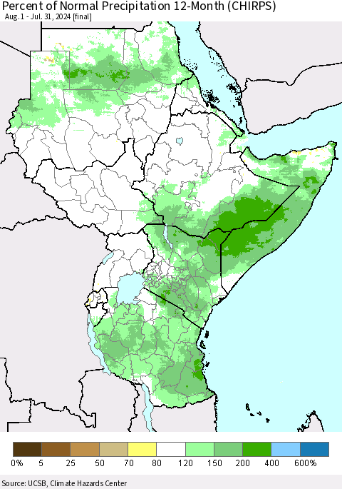 Eastern Africa Percent of Normal Precipitation 12-Month (CHIRPS) Thematic Map For 8/1/2023 - 7/31/2024