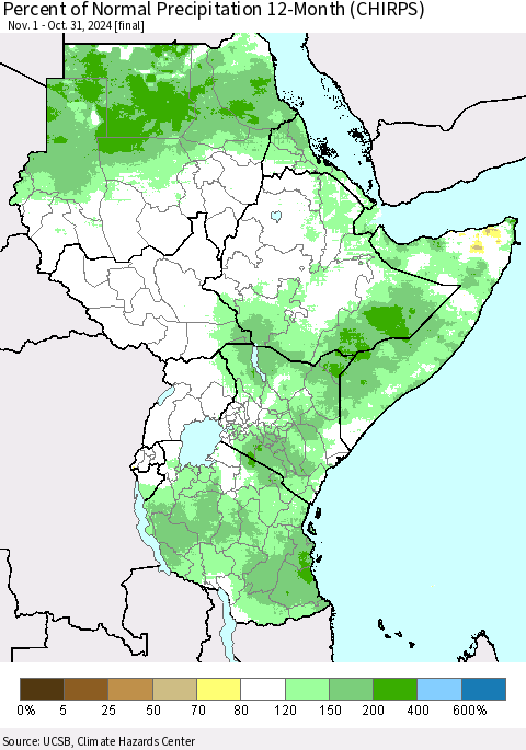 Eastern Africa Percent of Normal Precipitation 12-Month (CHIRPS) Thematic Map For 11/1/2023 - 10/31/2024