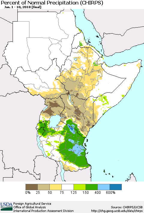 Eastern Africa Percent of Normal Precipitation (CHIRPS) Thematic Map For 1/1/2018 - 1/10/2018