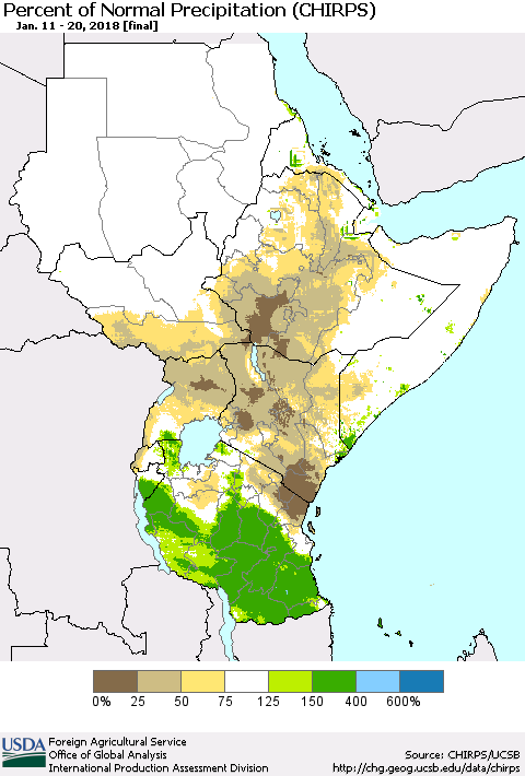 Eastern Africa Percent of Normal Precipitation (CHIRPS) Thematic Map For 1/11/2018 - 1/20/2018