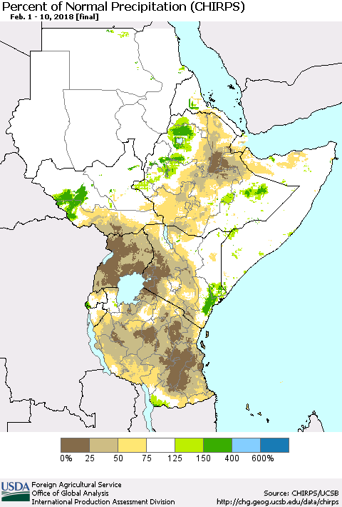 Eastern Africa Percent of Normal Precipitation (CHIRPS) Thematic Map For 2/1/2018 - 2/10/2018