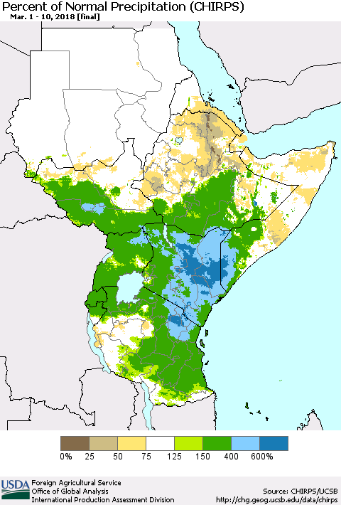 Eastern Africa Percent of Normal Precipitation (CHIRPS) Thematic Map For 3/1/2018 - 3/10/2018