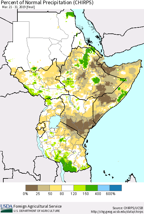Eastern Africa Percent of Normal Precipitation (CHIRPS) Thematic Map For 3/21/2019 - 3/31/2019