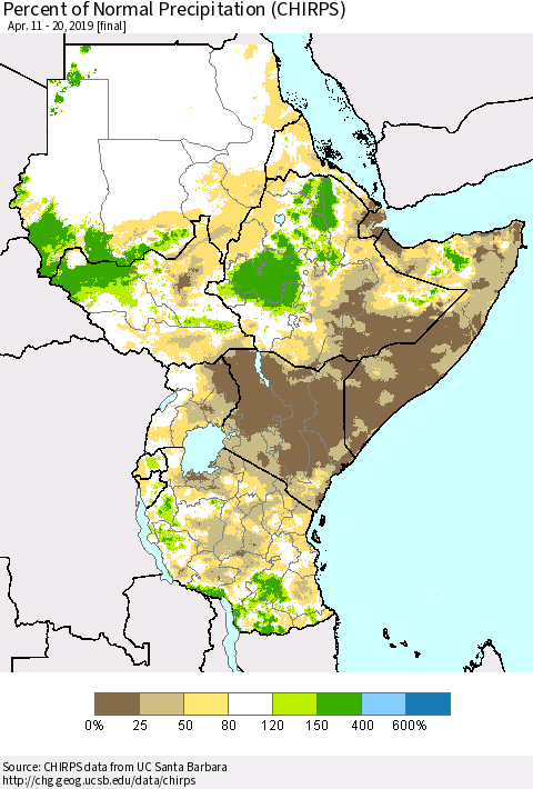 Eastern Africa Percent of Normal Precipitation (CHIRPS) Thematic Map For 4/11/2019 - 4/20/2019