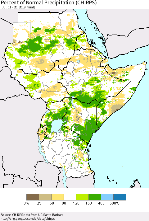 Eastern Africa Percent of Normal Precipitation (CHIRPS) Thematic Map For 7/11/2019 - 7/20/2019