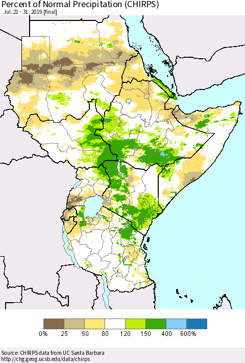 Eastern Africa Percent of Normal Precipitation (CHIRPS) Thematic Map For 7/21/2019 - 7/31/2019