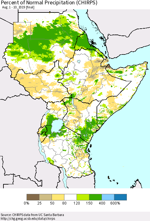 Eastern Africa Percent of Normal Precipitation (CHIRPS) Thematic Map For 8/1/2019 - 8/10/2019