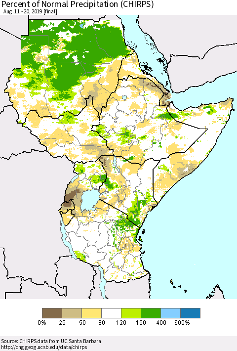 Eastern Africa Percent of Normal Precipitation (CHIRPS) Thematic Map For 8/11/2019 - 8/20/2019