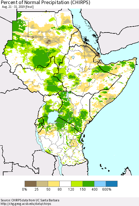Eastern Africa Percent of Normal Precipitation (CHIRPS) Thematic Map For 8/21/2019 - 8/31/2019