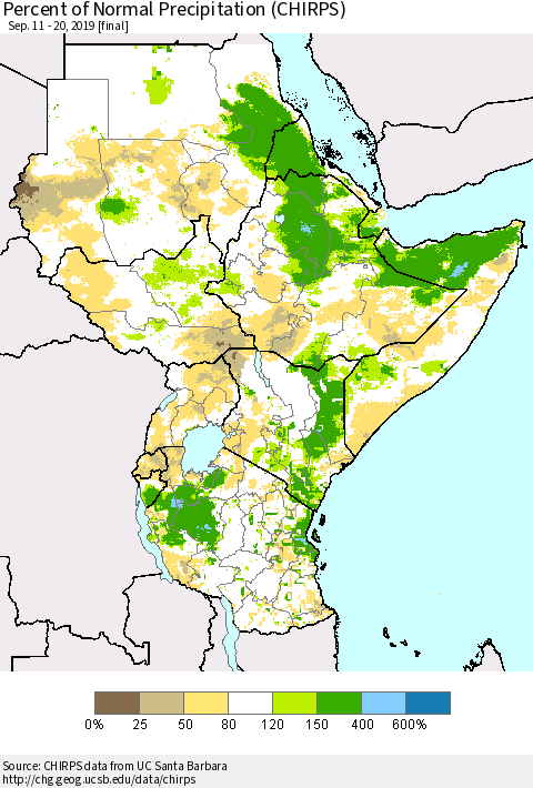 Eastern Africa Percent of Normal Precipitation (CHIRPS) Thematic Map For 9/11/2019 - 9/20/2019