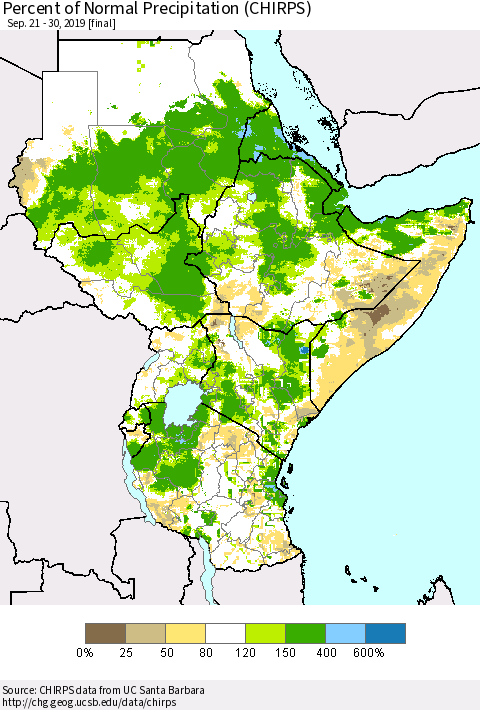 Eastern Africa Percent of Normal Precipitation (CHIRPS) Thematic Map For 9/21/2019 - 9/30/2019