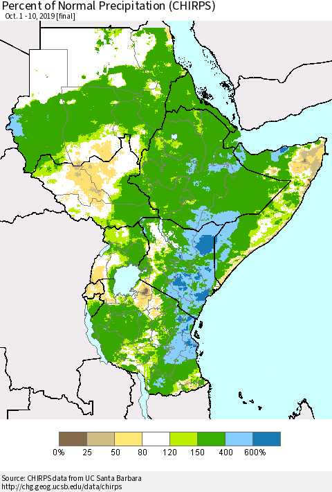 Eastern Africa Percent of Normal Precipitation (CHIRPS) Thematic Map For 10/1/2019 - 10/10/2019