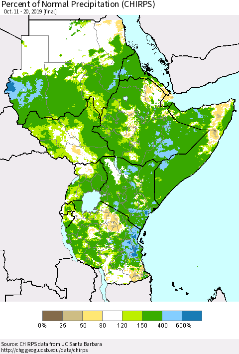 Eastern Africa Percent of Normal Precipitation (CHIRPS) Thematic Map For 10/11/2019 - 10/20/2019