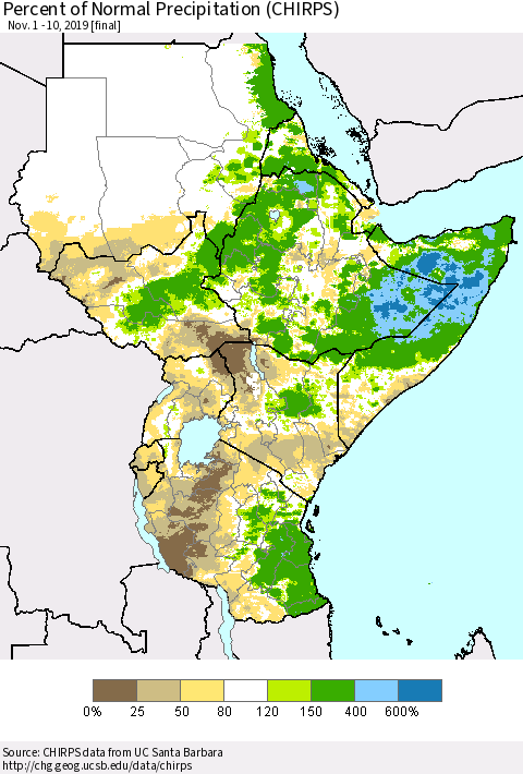 Eastern Africa Percent of Normal Precipitation (CHIRPS) Thematic Map For 11/1/2019 - 11/10/2019
