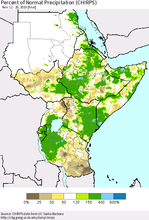 Eastern Africa Percent of Normal Precipitation (CHIRPS) Thematic Map For 11/11/2019 - 11/20/2019