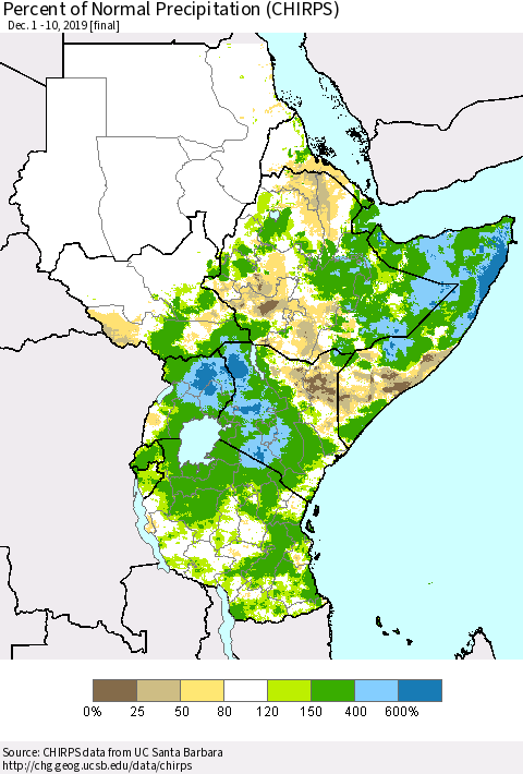Eastern Africa Percent of Normal Precipitation (CHIRPS) Thematic Map For 12/1/2019 - 12/10/2019