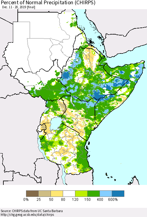 Eastern Africa Percent of Normal Precipitation (CHIRPS) Thematic Map For 12/11/2019 - 12/20/2019