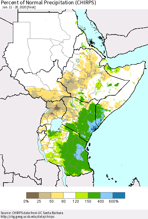 Eastern Africa Percent of Normal Precipitation (CHIRPS) Thematic Map For 1/11/2020 - 1/20/2020
