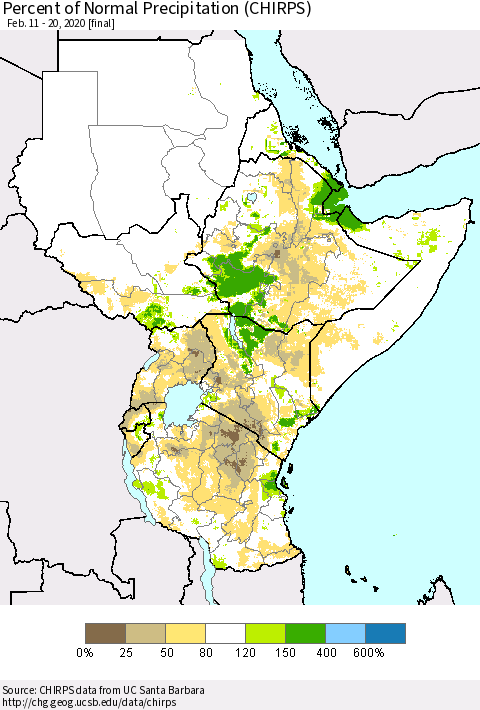Eastern Africa Percent of Normal Precipitation (CHIRPS) Thematic Map For 2/11/2020 - 2/20/2020