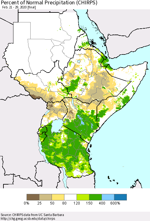Eastern Africa Percent of Normal Precipitation (CHIRPS) Thematic Map For 2/21/2020 - 2/29/2020